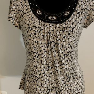 Tan, Black & White Pretty Petite Blouse